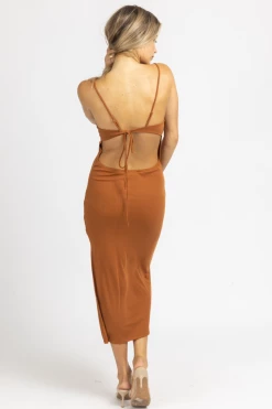 CRESCENT BROWN OPEN TIE-BACK MIDI DRESS