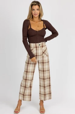 POLAGRAM BROWN PLAID WIDE LEG PANTS NEW ARRIVALS