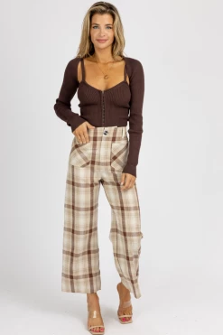 POLAGRAM BROWN PLAID WIDE LEG PANTS NEW ARRIVALS
