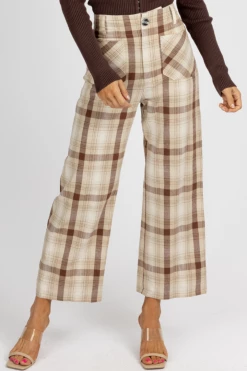 POLAGRAM BROWN PLAID WIDE LEG PANTS NEW ARRIVALS