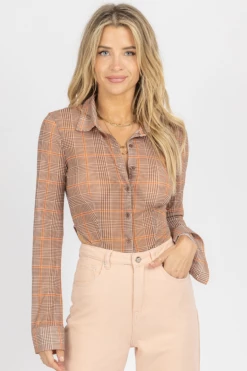 EMORY PARK BROWN PLAID COLLARED CROP TOP NEW ARRIVALS