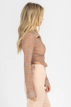 EMORY PARK BROWN PLAID COLLARED CROP TOP NEW ARRIVALS