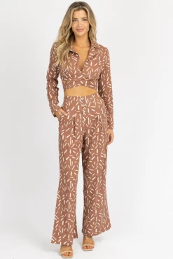 ENDLESS BLU MOCHA ABSTRACT PRINT PLEATED PANT SET NEW ARRIVALS