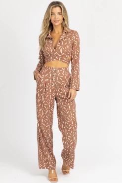 ENDLESS BLU MOCHA ABSTRACT PRINT PLEATED PANT SET NEW ARRIVALS