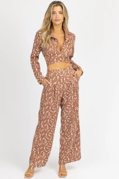 ENDLESS BLU MOCHA ABSTRACT PRINT PLEATED PANT SET NEW ARRIVALS