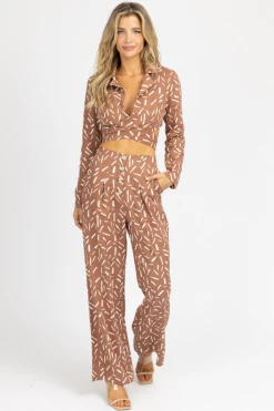 ENDLESS BLU MOCHA ABSTRACT PRINT PLEATED PANT SET NEW ARRIVALS