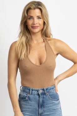 DYNAMIC FASHION BROWN RIBBED HALTER OPEN-BACK BODYSUIT NEW ARRIVALS