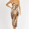 ENDLESS BLU BROWN SWIRL COWL NECK MIDI DRESS