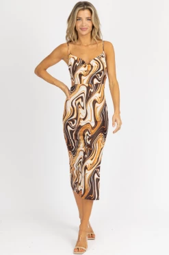 ENDLESS BLU BROWN SWIRL COWL NECK MIDI DRESS