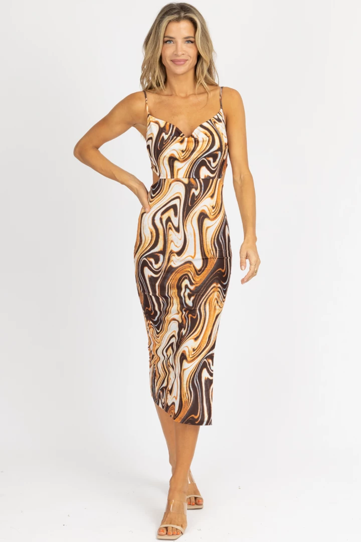 ENDLESS BLU BROWN SWIRL COWL NECK MIDI DRESS 1 ENDLESS BLU BROWN SWIRL COWL NECK MIDI DRESS