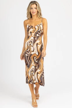 ENDLESS BLU BROWN SWIRL COWL NECK MIDI DRESS