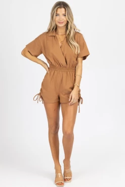 LE LIS BROWN SIDE SHIRRED COLLARED ROMPER NEW ARRIVALS