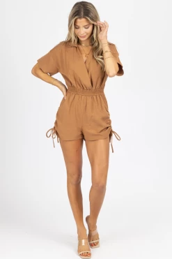 LE LIS BROWN SIDE SHIRRED COLLARED ROMPER NEW ARRIVALS