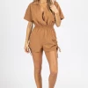 LE LIS BROWN SIDE SHIRRED COLLARED ROMPER NEW ARRIVALS