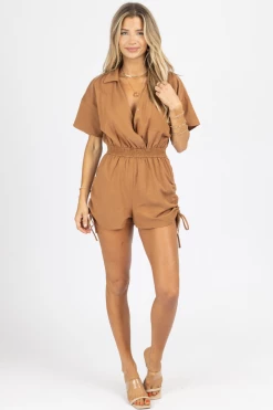 LE LIS BROWN SIDE SHIRRED COLLARED ROMPER NEW ARRIVALS