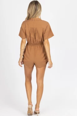 LE LIS BROWN SIDE SHIRRED COLLARED ROMPER NEW ARRIVALS