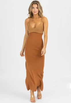 EMORY PARK BROWN SLEEVELESS CONTRAST KNIT MIDI DRESS 10 EMORY PARK BROWN SLEEVELESS CONTRAST KNIT MIDI DRESS