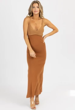 EMORY PARK BROWN SLEEVELESS CONTRAST KNIT MIDI DRESS 9 EMORY PARK BROWN SLEEVELESS CONTRAST KNIT MIDI DRESS