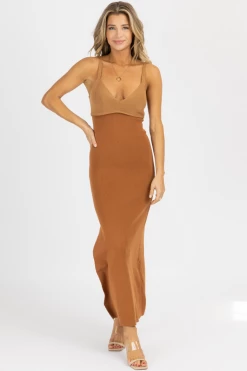 EMORY PARK BROWN SLEEVELESS CONTRAST KNIT MIDI DRESS