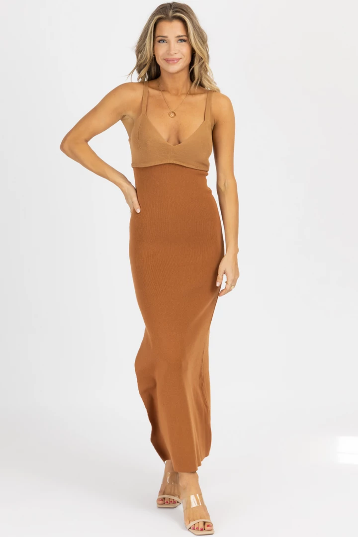 EMORY PARK BROWN SLEEVELESS CONTRAST KNIT MIDI DRESS 2 EMORY PARK BROWN SLEEVELESS CONTRAST KNIT MIDI DRESS