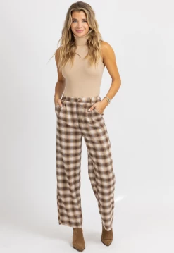 LE LIS MOCHA PLAID PRINT STRAIGHT LEG PANTS NEW ARRIVALS