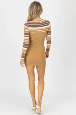 BLUE BLUSH KHAKI STRIPED SLEEVE SWEATER MINI DRESS NEW ARRIVALS