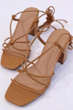 BAMBOO NEW ARRIVALS BROWN STRAPPY TIE ANKLE HEEL