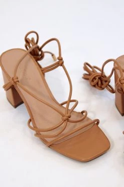 BAMBOO NEW ARRIVALS BROWN STRAPPY TIE ANKLE HEEL