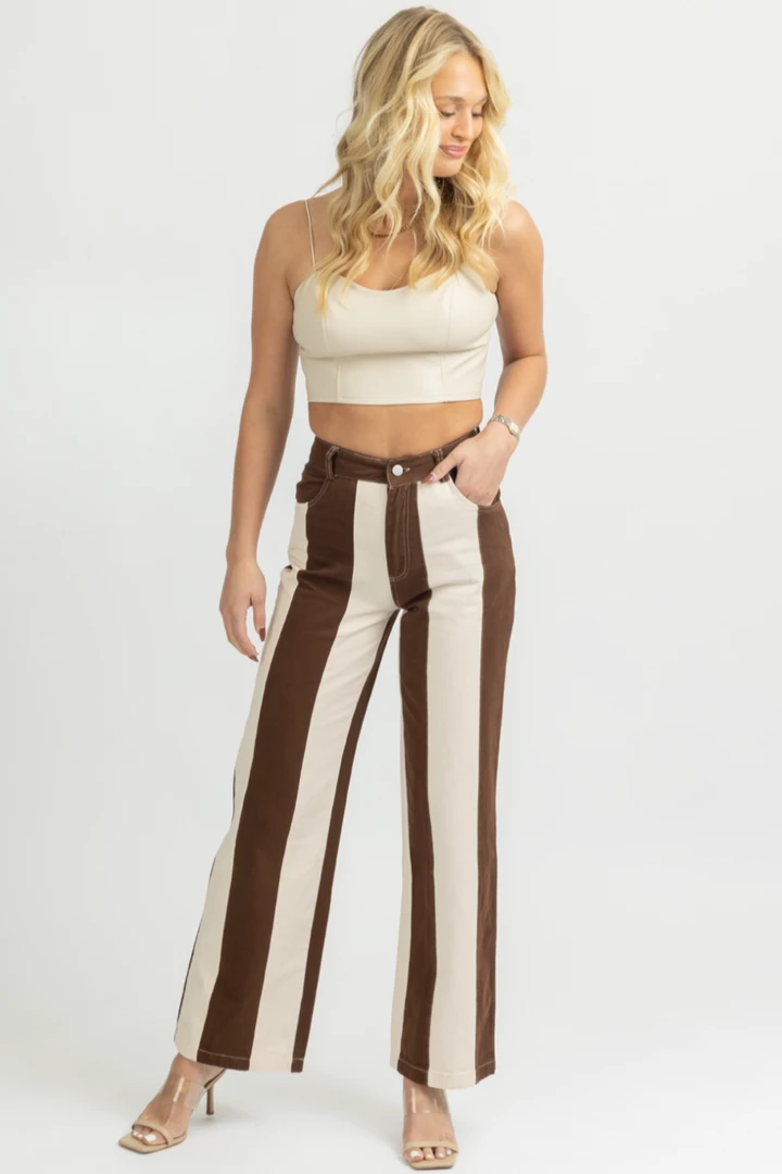BAILEY ROSE NEW ARRIVALS CREAM + CHOCO STRIPED WIDE LEG JEANS 4 BAILEY ROSE NEW ARRIVALS CREAM + CHOCO STRIPED WIDE LEG JEANS