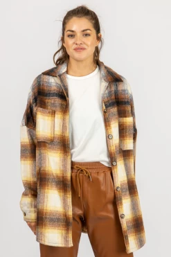 TREND NOTES CLOTHING BROWN + MUSTARD PLAID SHIRT JACKET