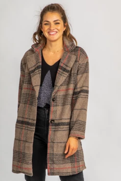 OLIVACEOUS BEIGE + RED PLAID LONG COAT