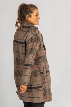 OLIVACEOUS BEIGE + RED PLAID LONG COAT