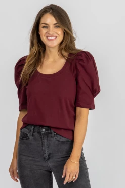 2.7 AUGUST APPAREL BURGUNDY U-NECK PLEATED PUFF TOP