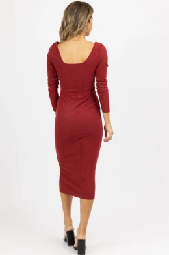 LENA BURGUNDY LONG SLEEVE TIE FRONT MAXI DRESS NEW ARRIVALS