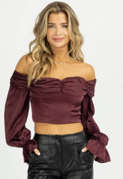 FORE COLLECTION BURGUNDY SATIN OFF SHOULDER BLOUSE NEW ARRIVALS