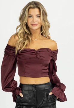 FORE COLLECTION BURGUNDY SATIN OFF SHOULDER BLOUSE NEW ARRIVALS