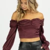 FORE COLLECTION BURGUNDY SATIN OFF SHOULDER BLOUSE NEW ARRIVALS
