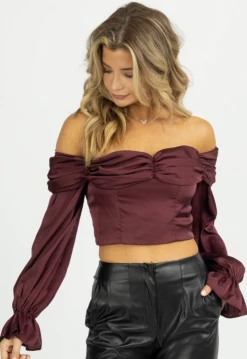 FORE COLLECTION BURGUNDY SATIN OFF SHOULDER BLOUSE NEW ARRIVALS