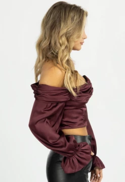 FORE COLLECTION BURGUNDY SATIN OFF SHOULDER BLOUSE NEW ARRIVALS