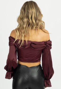 FORE COLLECTION BURGUNDY SATIN OFF SHOULDER BLOUSE NEW ARRIVALS