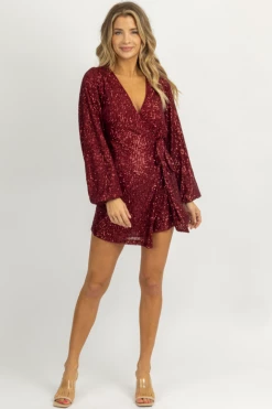 LENA BURGUNDY FRONT WRAPPED SEQUIN ROMPER *BACK IN STOCK* NEW ARRIVALS
