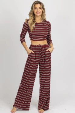 ENDLESS BLU BURGUNDY STRIPE RIBBED PANT SET NEW ARRIVALS