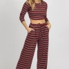 ENDLESS BLU BURGUNDY STRIPE RIBBED PANT SET NEW ARRIVALS