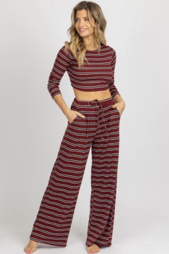 ENDLESS BLU BURGUNDY STRIPE RIBBED PANT SET NEW ARRIVALS
