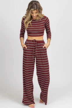 ENDLESS BLU BURGUNDY STRIPE RIBBED PANT SET NEW ARRIVALS