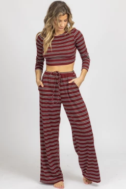 ENDLESS BLU BURGUNDY STRIPE RIBBED PANT SET NEW ARRIVALS