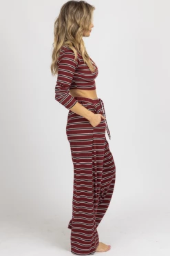 ENDLESS BLU BURGUNDY STRIPE RIBBED PANT SET NEW ARRIVALS