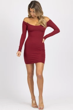 LOVELY DAY BURGUNDY OFF SHOULDER UNDERBUST MINI DRESS