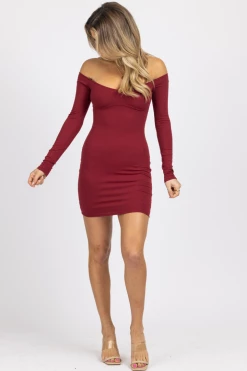 LOVELY DAY BURGUNDY OFF SHOULDER UNDERBUST MINI DRESS