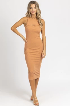 FORE COLLECTION NEW ARRIVALS BUTTER RUM FRONT CUTOUT FITTED MIDI DRESS